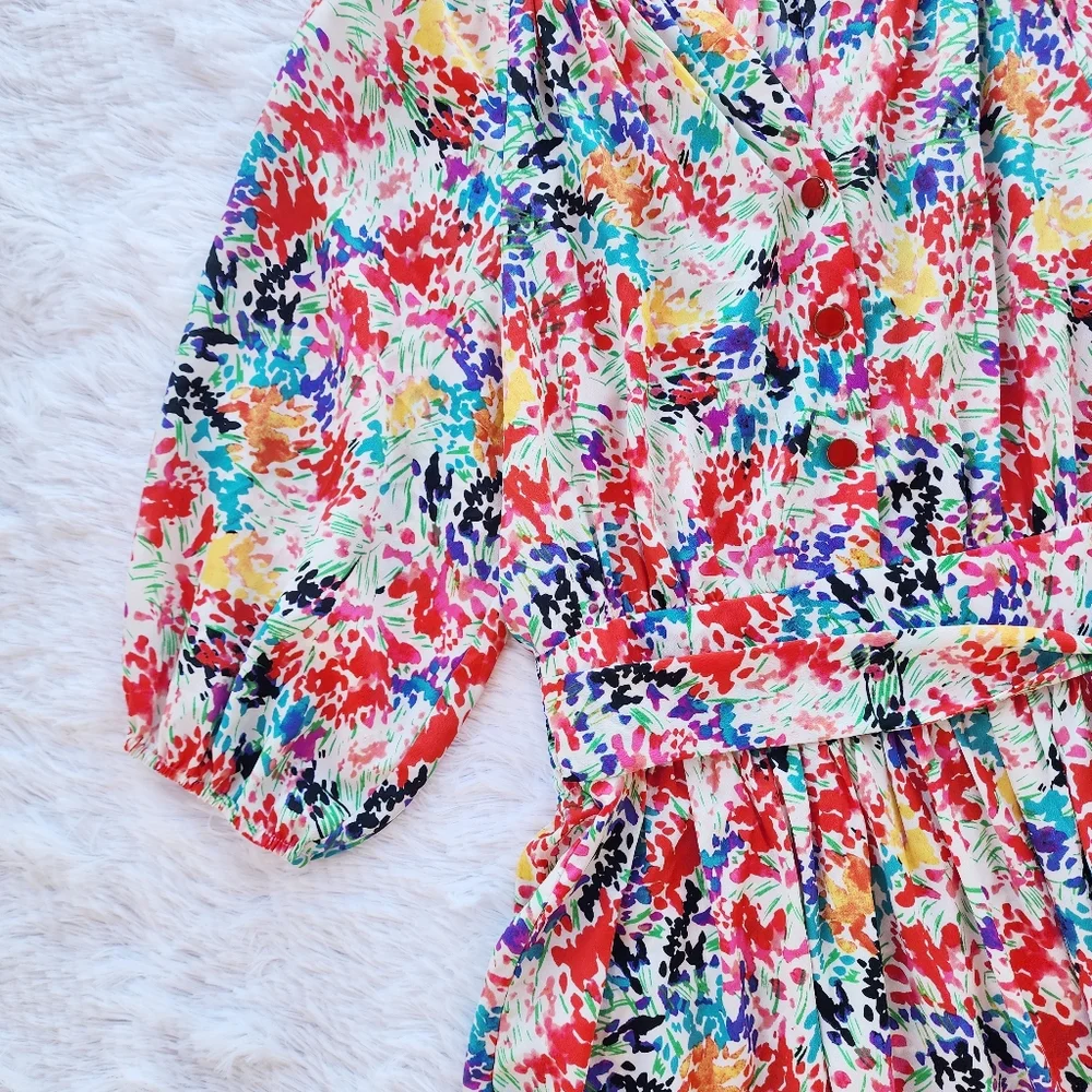 Eliza J Colorful Floral Print Smocked Balloon Sleeve‎ Mini Dress